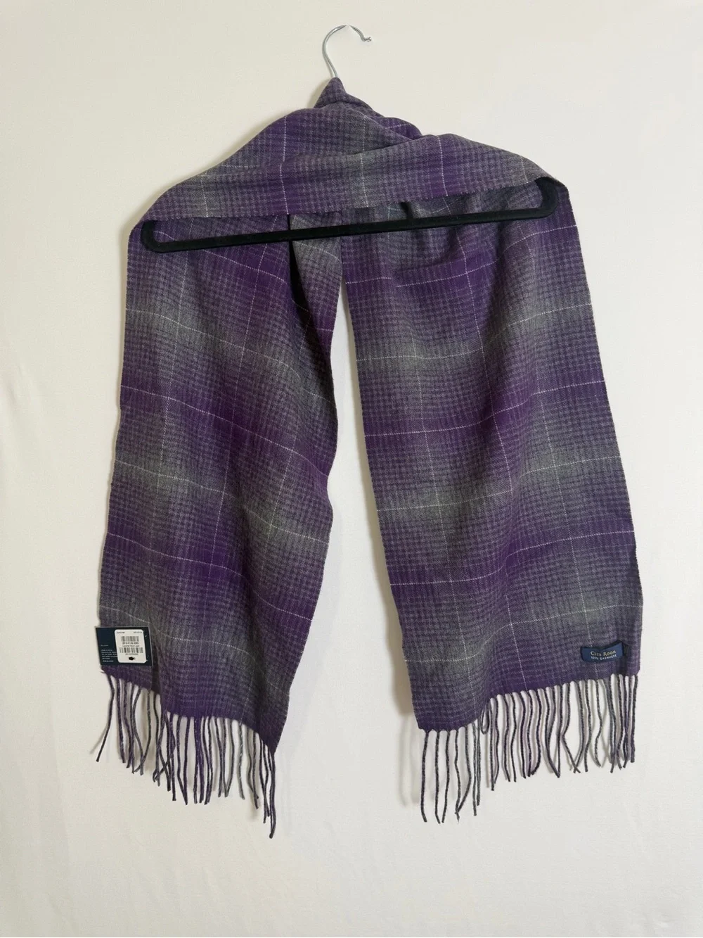 CLUB ROOM MULTI-COLOR GREY/PURPLE PLAID FRINGE TRIM 100% CASHMERE SCARF